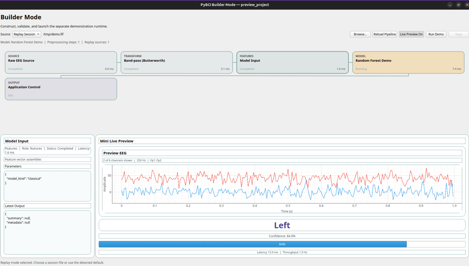 PyBCI Builder Mode with a pipeline graph, live EEG preview, model output, and confidence readout.